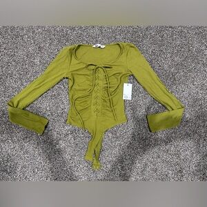 SO Lace-Up Ribbed Bodysuit XS Green Long Sleeve Corset Style